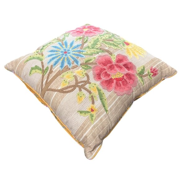 Pier 1 Floral Embroidered Floral Throw Pillow Square Beige Yellow Pink Blue 12" - Picture 4 of 5